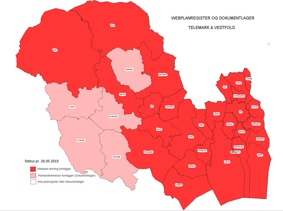 Oversikten viser hvilke kommuner som har digitalt planregister (se kravene i kart- og planforskriften 12) (26 stk.