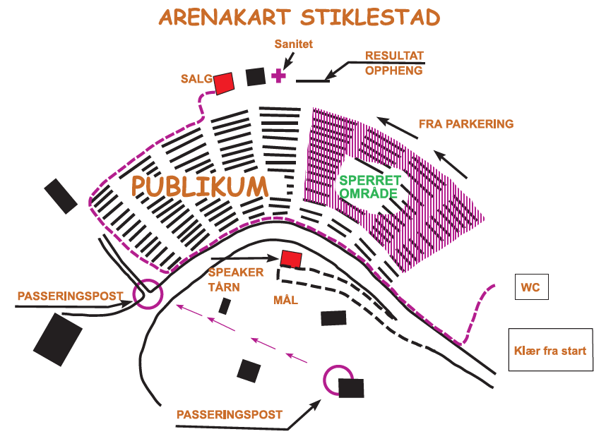 -Murer, skrenter,tegnet med tykk svart strek. Elver/bekker der den blå fargen avgrenses med tykk svart strek. -Alt som er mørkeblått er forbudt å passere -Hekker tegnet med mørkegrønn farge.