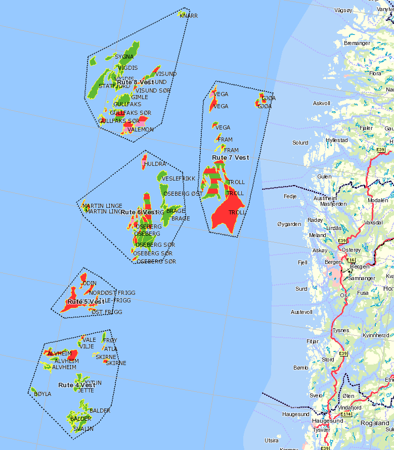 Ruteinndeling Område 2 Vest 62 N Innebefatter følgende felt: Knarr Sygna Murchison Vigdis Statfjord Visund Gimle Gullfaks Valemon Vega Gjøa Fram