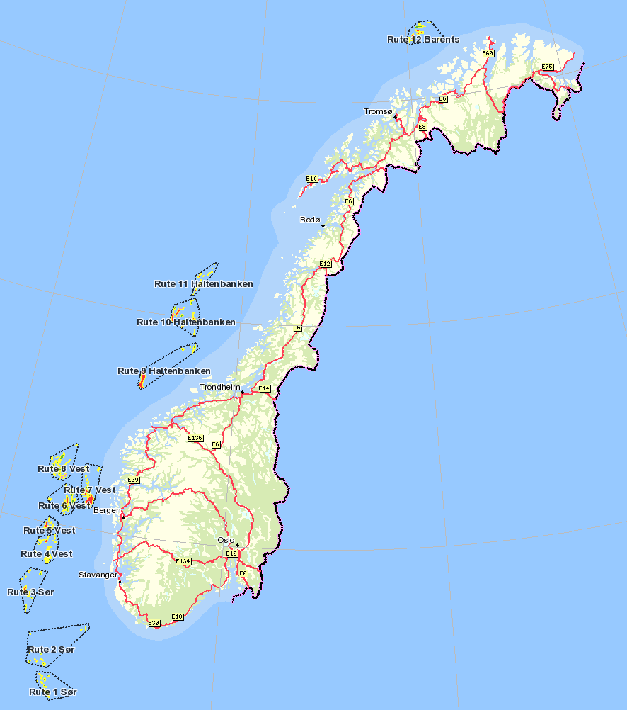 Områdeinndeling / Flyruter Norge er delt inn i 5 områder for overvåkning.