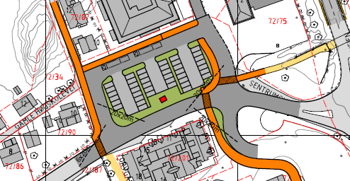 Figur 12 Skisse over mulig løsning for bussterminal og omlegging av Sentrumsveien og bedrede gangforbindelser, utarbeidet av Vianova AS for Søgne kommune. 3.