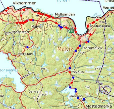 Fig. Elg (blå) og rådyr (rød) drept ved påkjørsel av bil i perioden 01.04.2008-31.03.