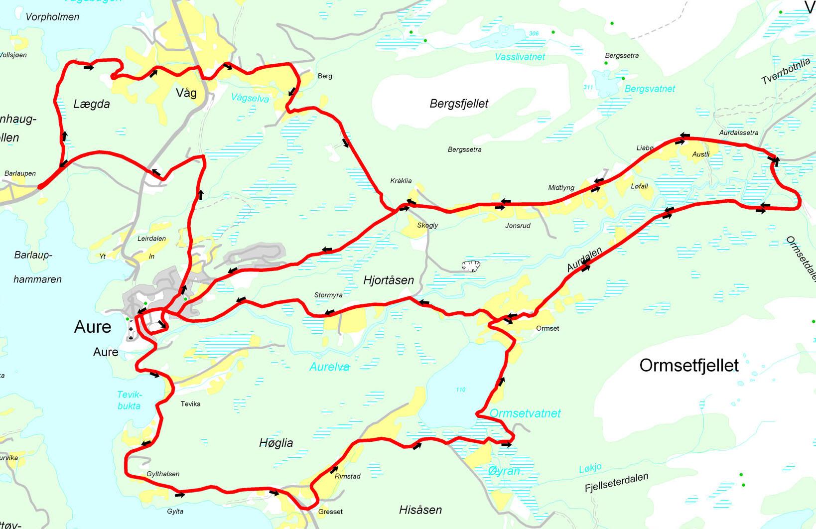 Torsdag 12/8 Aure Ormset Kjelklia Bergsmyra Ormset Runding PROGRAM TORSDAG, DEL 1: 10:00 38 km offroadritt, massestart start/mål Aure sentrum Toppidrettsveka Kjelklia Bergsmyra Se kart og løypeprofil