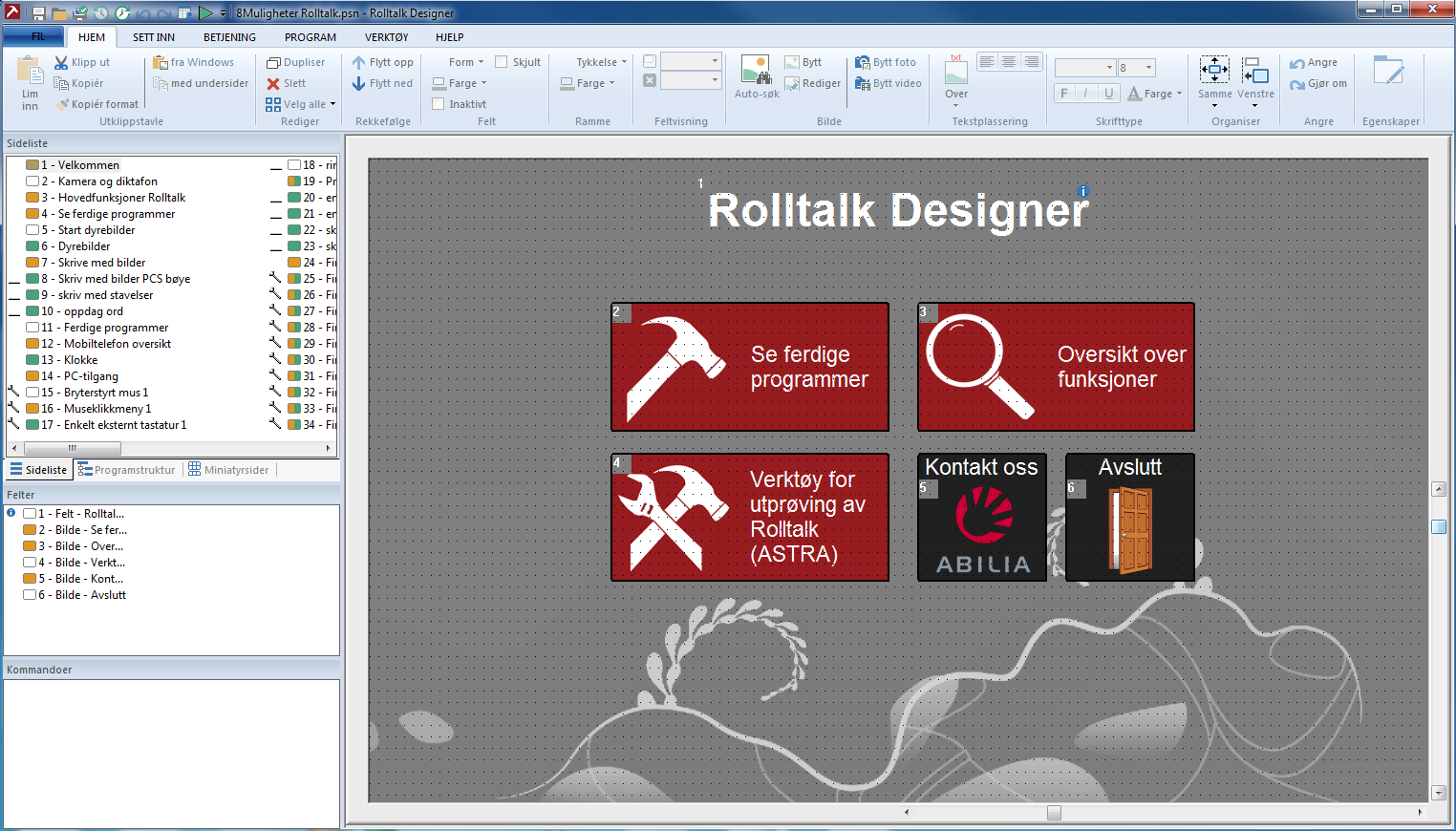 Rolltalk Designer Verktøyprogrammet Rolltalk Designer sitt hovedvindu ser slik ut med brukerprogrammet Muligheter Rolltalk åpent. Et brukerprogram består av sider, felter og kommandoer.