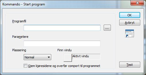 Du kan angi Programfil for programmet som skal startes (<program>.exe, og angi dokumentnavn (<mittdokument.doc>) under Parametere. Du kan alternativt angi selve dokumentnavnet direkte som programfil.