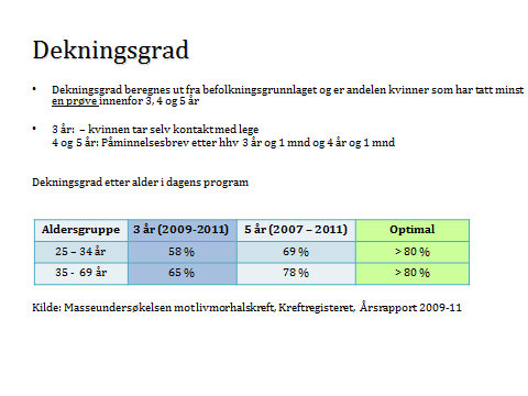 Tabell 3 Funnprosent som forventes fra cytologi er vist i tabell 4, og baserer seg på dagens tall (ikke vaksinerte) Tabell 4: Realistisk dekningsgrad 80 % Hovedmorfologi 25-69 25-34 35-69 Totalt