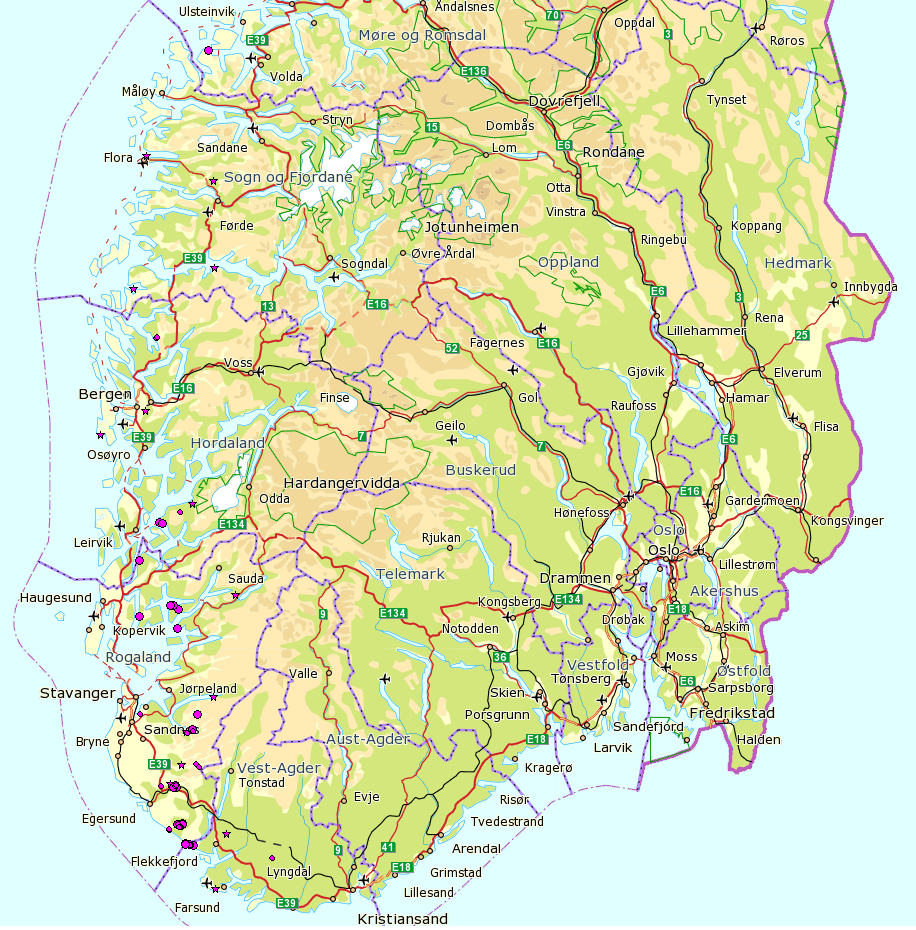 Figur 19-2 Kjente lokaliteter med flommose i Norge