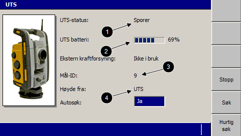 Bruk av 3D-styring i felt 4 1 UTS-instrumentets status 3 Maskinens mål-id 4 2 Batteriladning Høyden finnes på UTSinstrumentet Bilde 4.