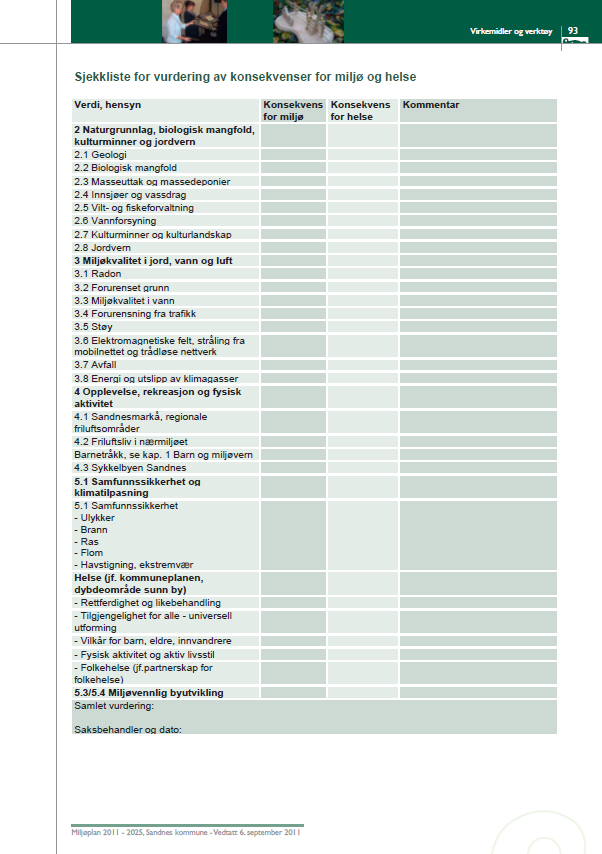 Sjekklista i Miljøplanen Verktøy for å synliggjøre konsekvensene for miljø og helse i saksbehandlingen. Tema er bl.a. biologisk mangfold, innsjøer og vassdrag, miljøkvalitet i vann,.