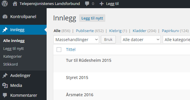 3 Lage et nytt innlegg 3.1 Overskrift, ingress og brødtekst Klikk på menypunktet Innlegg i kontrollpanelet.