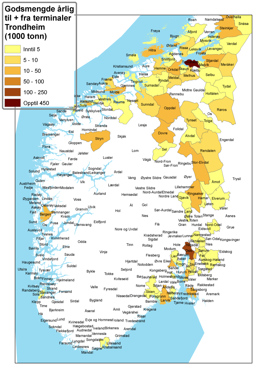 Figur 5.13a. Kommunevis fordeling av godsvolum som omlastes i samlastterminaler i Trondheim. Sør-Norge.