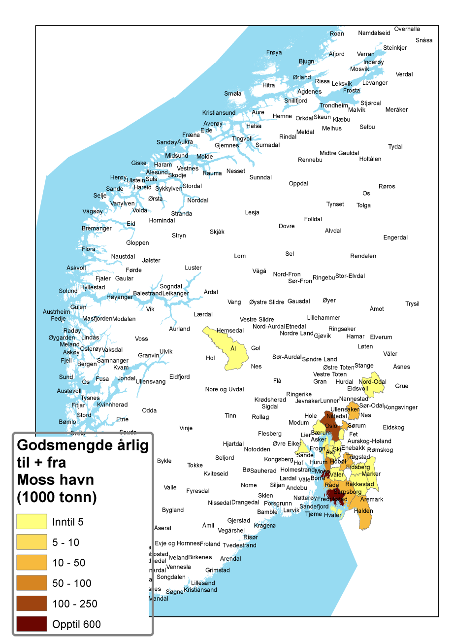 Figur 3.3b. Kommunevis fordeling av godsvolum som distribueres til og fra Moss havn.