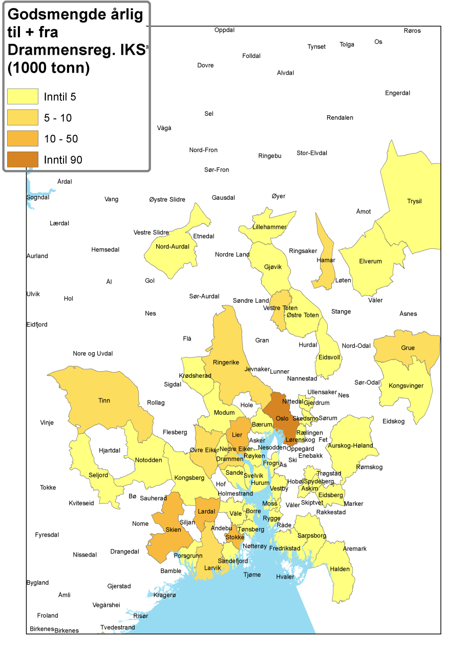 Figur 3.5a. Kommunevis fordeling av godsvolum som distribueres til og fra Drammen havn. Årlig gjennomsnitt for 2008 2012. Datagrunnlag: Lastebilundersøkelsen (SSB). Figur 3.