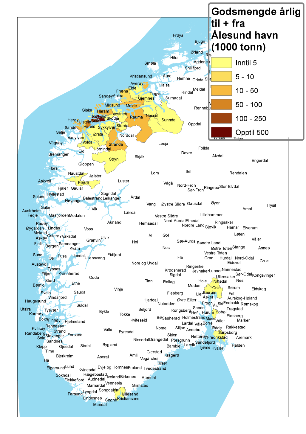 Figur 3.12a. Kommunevis fordeling av godsvolum som distribueres til og fra Ålesund havn. Årlig gjennomsnitt for 2008 2012. Datagrunnlag: Lastebilundersøkelsen (SSB). Figur 3.