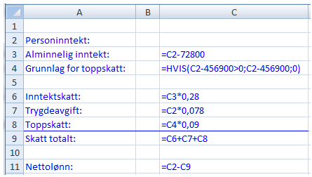 Formlene som er brukt i regnearket: Erik har en nettolønn på 283 411,40 kroner. Elin har en nettolønn på 347 441,00 kroner.
