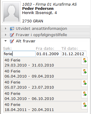Alt fravær Her kan du få opp alt fravær på den ansatte i et angitt tidsrom. Klikker du i feltene Fra dato og Til dato får du opp en kalender der du kan velge år og dato utvalget skal gjelde for.