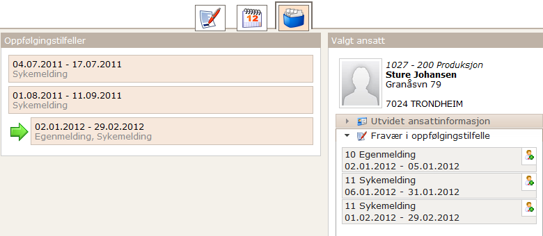 Du velger øverst hvilket år du ønsker å se fraværskalenderen for. Arkiv oppfølgingstilfeller Hvis du velger arkivsymbolet øverst, vil du få en oversikt over alle oppfølgingstilfeller på den ansatte.