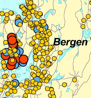 0 Figur 4 Radonnivåer i skoler og barnehager. Planomr. Markert m/blå ring. (Kilde Bergen kommune)..6 Kraftledninger Det er ingen høyspentledninger gjennom planområdet i dag.