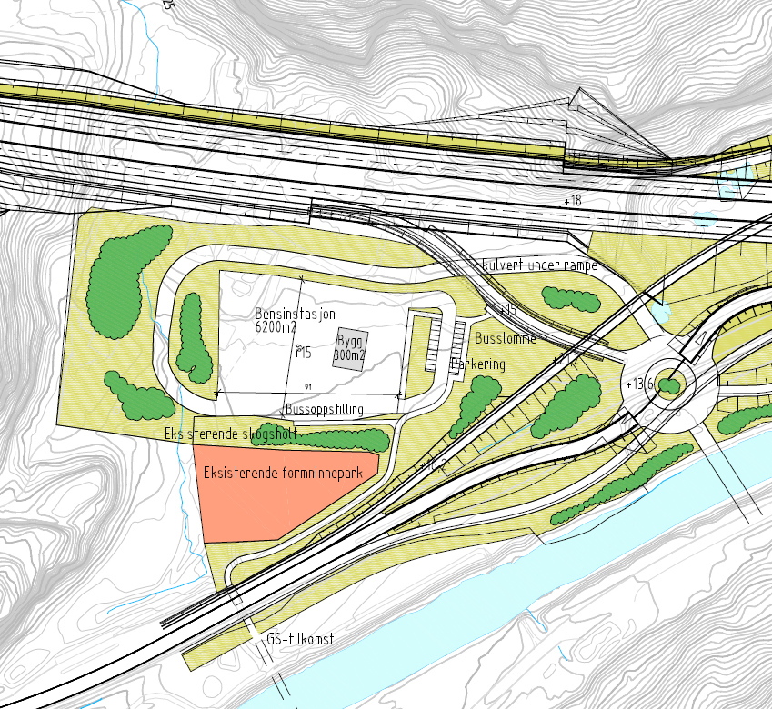 Figur 4-8 Mulig tilpassing av park and ride plasser, samt en bensinstasjon på Monan For den nye bebyggelsen på Kjelland vil de oransje eller grønne korridorene gi gode muligheter for en park and ride