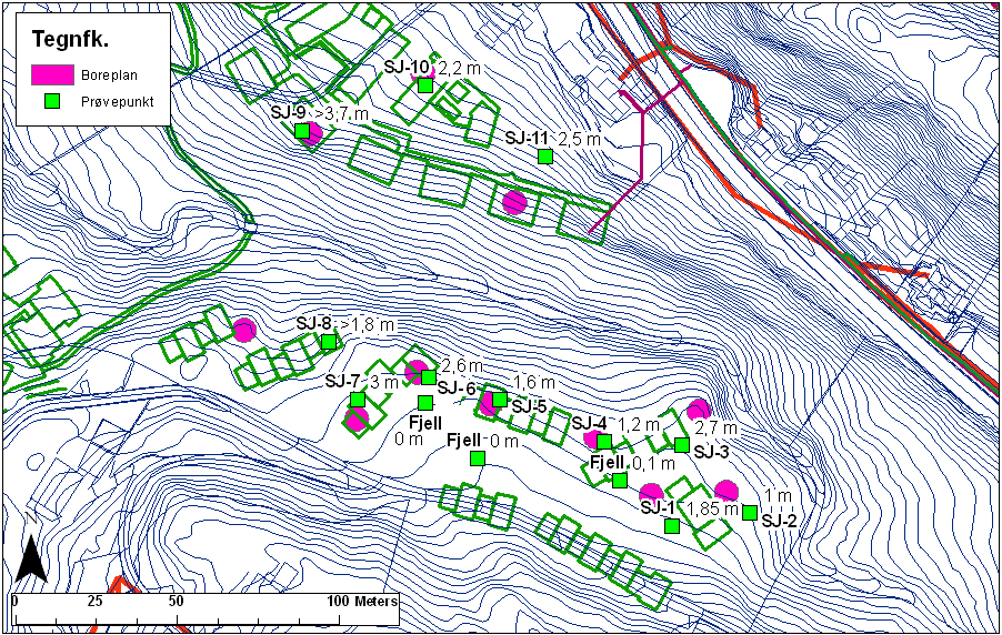5 / 13 På nordsiden av Mjølkeråen er yttergrensen til det planlagte utbyggingsområdet flyttet omtrent 45 m mot øst, se punkt 1 i figur 2 og 3 Det er dermed ikke planlagt nybygg ved fjellveggen som