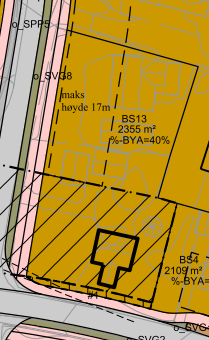 Utsnitt fra forslag til områdeplan, felt BS13 Det er regulert inn byggegrense som angir hvor ny bebyggelse kan oppføres. Utnyttelsen av området er satt til %-BYA = 40%.