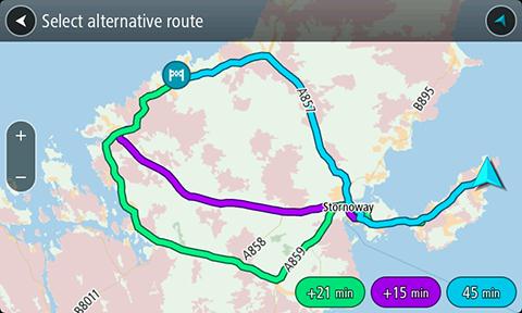 1. Planlegg en rute som vanlig. 2. Velg selve ruten på kartvisningen. 3. Velg hurtigmenyknappen for å åpne menyen. 4. Velg Alternativ rute, og velg deretter Finn alternativ.