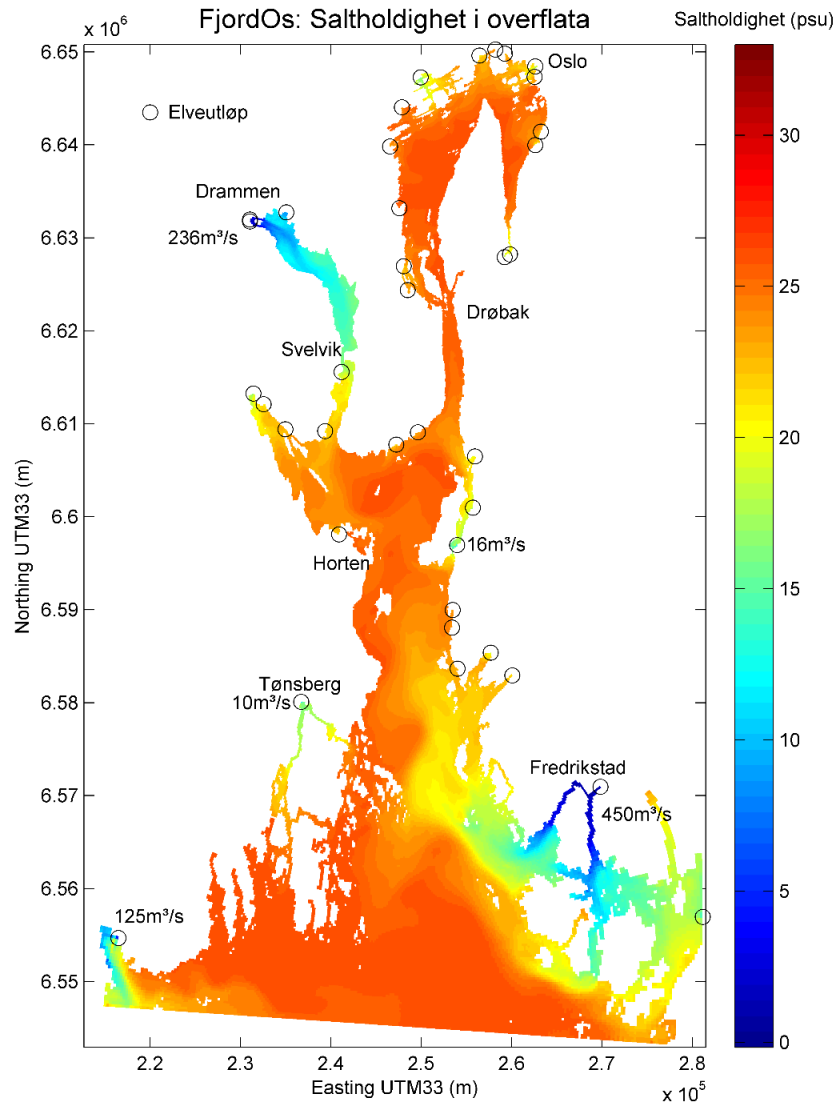 Figur 12: Figuren viser saltholdigheten i overflatelaget i Oslofjorden. Resultatet er fra en testkjøring med FjordOs-modellen.