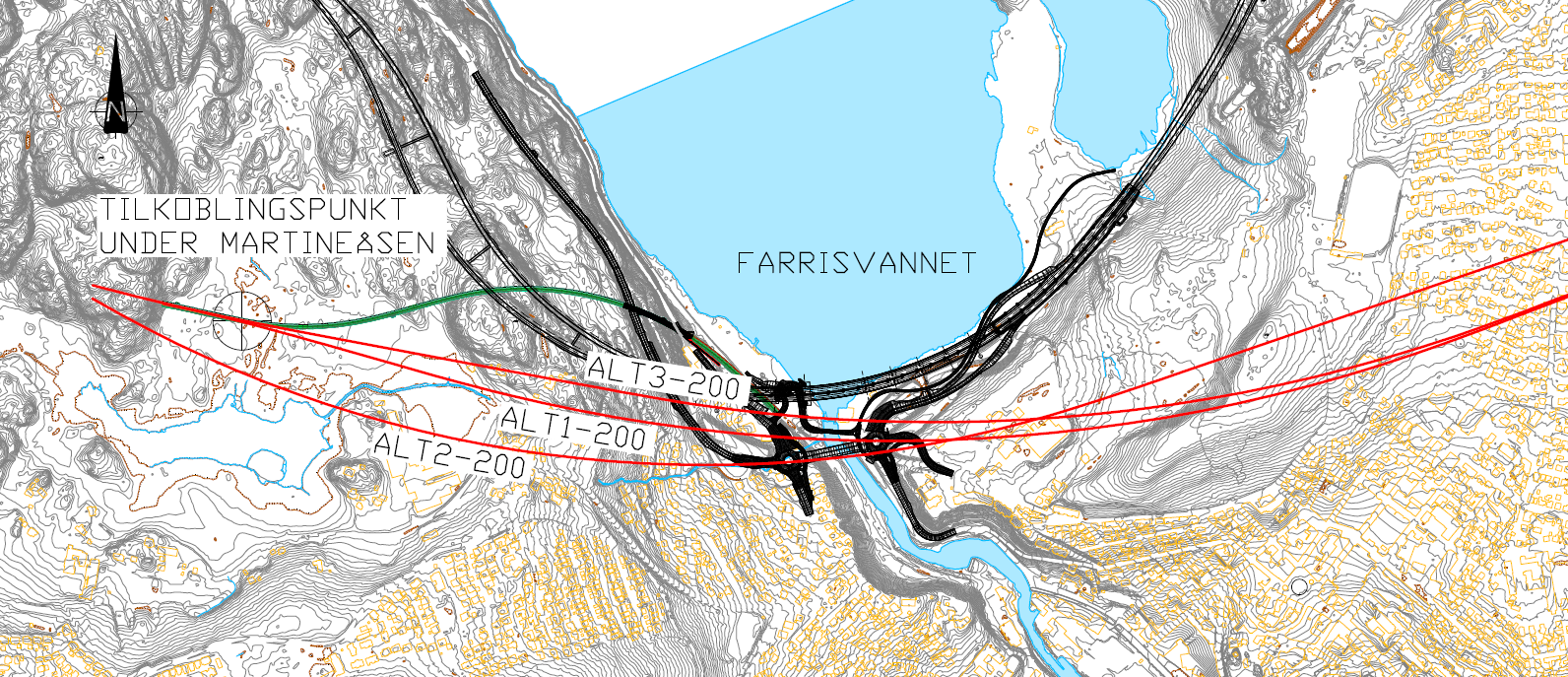 6 PRESENTASJON AV TRASÉALTERNATIVER 6.3 TRASÉALTERNATIVER 200 KM/T Det er prosjektert tre traséalternativer med en dimensjonerende maksimal hastighet på 200 km/t.