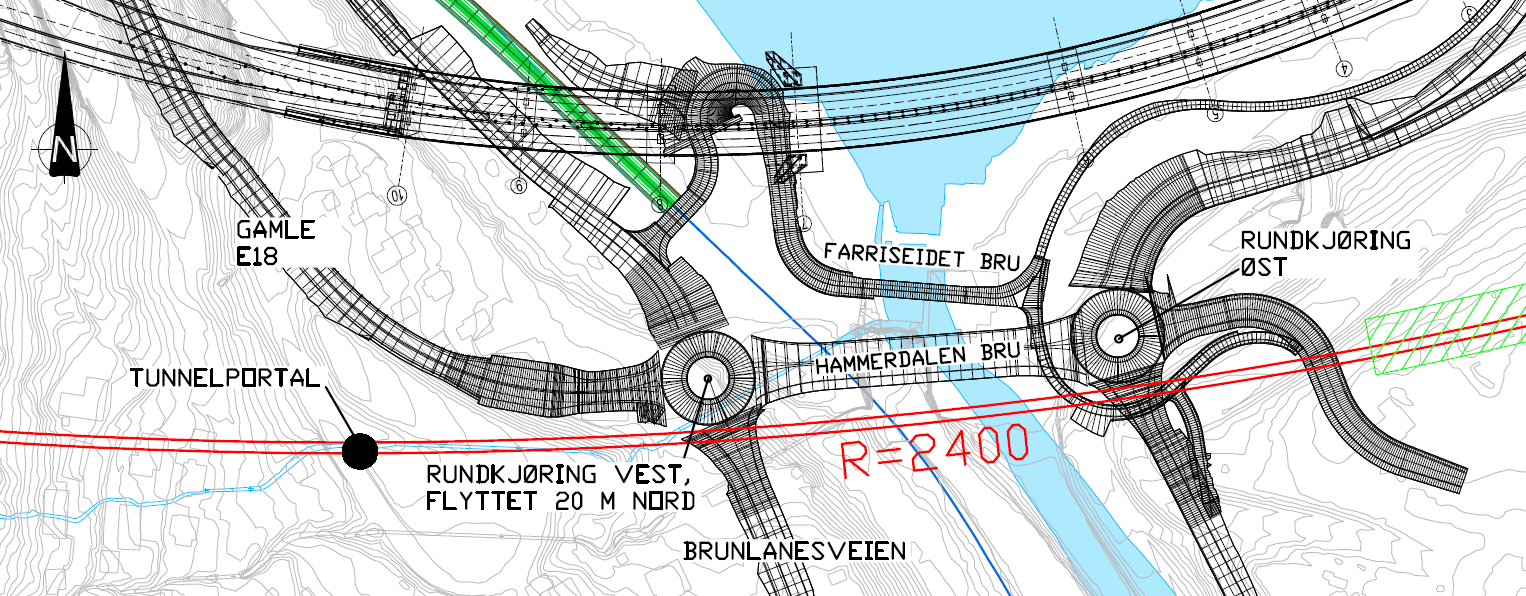 6 PRESENTASJON AV TRASÉALTERNATIVER plassering slik at jernbanetraséen kan ligge sør for Hammerdalen bru. Videre etter vestlig rundkjøring går traséen inn i tunnel under Martineåsen. Figur 21.