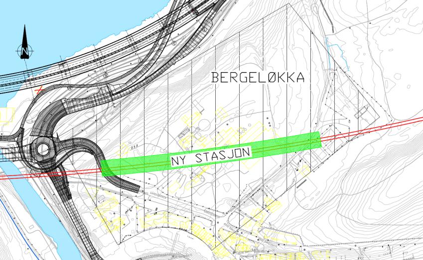 6.4 Traséalternativer 250 km/t området. Det er prosjektert at stasjonens østlige ende ligger på kote + 19,2 for SOK, og den vestlige enden ligger på kote +23,2 for SOK.