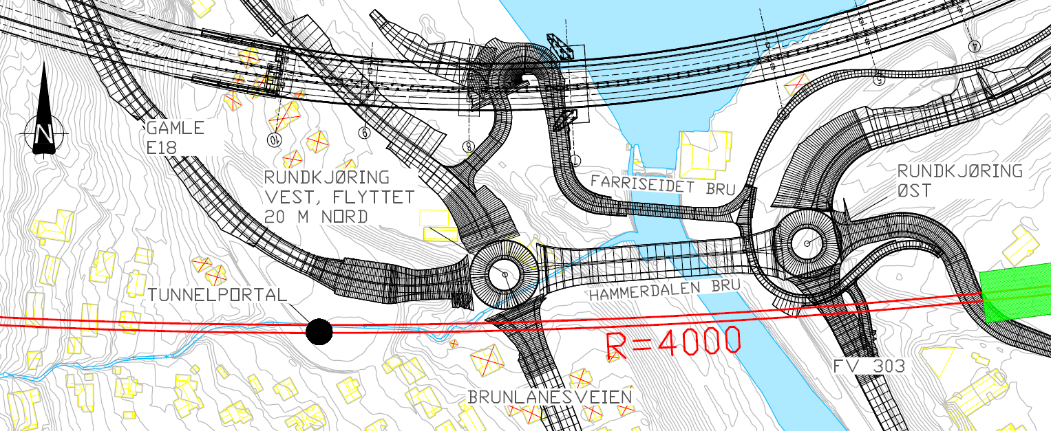 Stasjonsplassering Bergeløkka, ALT3-250 Traséen vil komme ut i Hammerdalen rett sør for den østlige rundkjøringen. Her krysser den Fv.