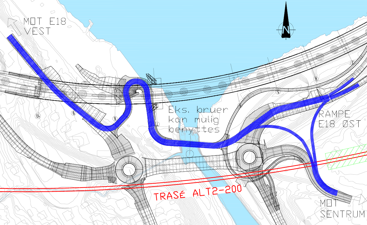 7.3 Vurdering av ALT2-200 Trafikkavvikling på vegsystemet i Hammerdalen under byggeprosessen: Traséen krysser over Hammerdalen i den grønne sonen (sone 3) som er nærmere beskrevet i kapittel 3.3. Jernbanebru vil ligger sør for og parallelt med Hammerdalen bru.