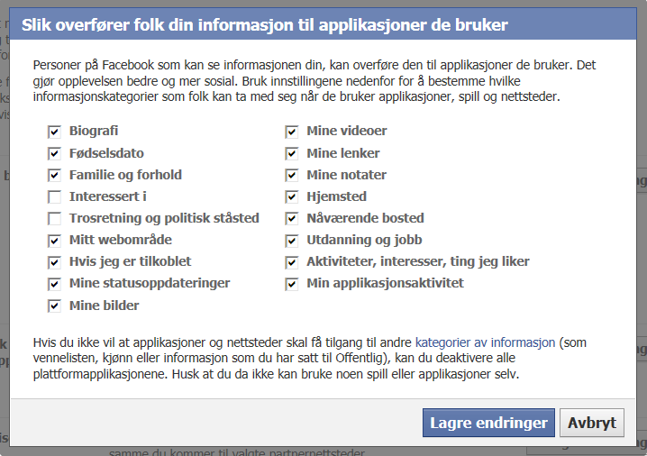 Slik overfører folk din informasjon til applikasjoner de bruker Trykk her Les det som står i vinduet som vises. Trykk i firkantene foran de valgene for å få vekk haken.