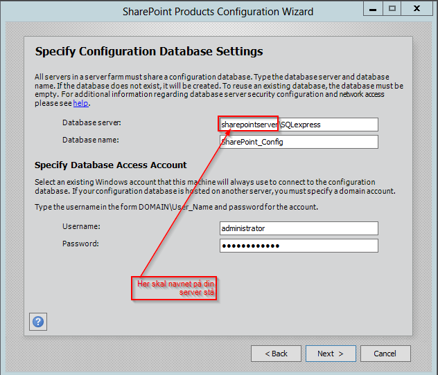 Installasjon av SharePoint 2013 side 21 av 24 Du må nå angi at du skal lage en ny server fram se bildet under. Velg så Next.