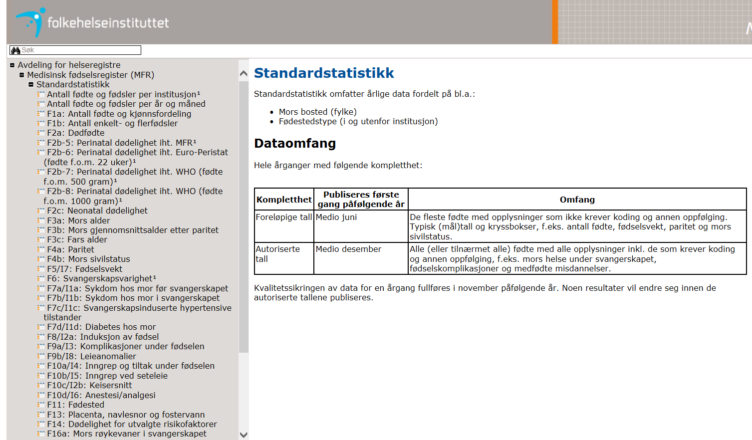 Standardstatistikk: tall basert på mors bofylke Standardstatistikk total 39 tabeller, hvor mange variabler er basert på koding av fritekst