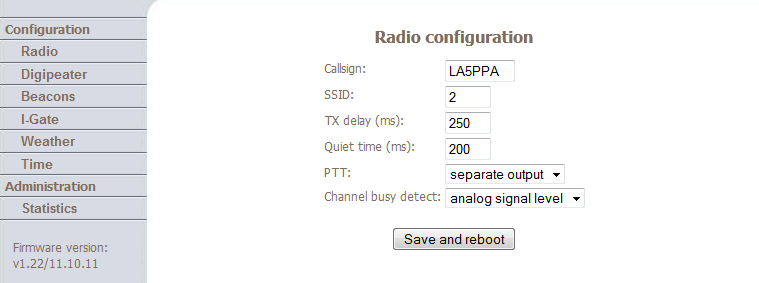 WEB Grensesnitt (Firmware 1.22) Når du logger deg inn på boksen via nettelsern er det Radio fanen til venstre som først dukker opp (Se bilder under) Her skal du skrive inn ditt kallesignal og en SSID.