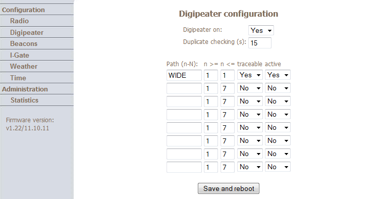 I digipeater fanen (bilde under) er det ikke så mye å stille på, her slår man den av/på, velger duplicat sjekk dvs.