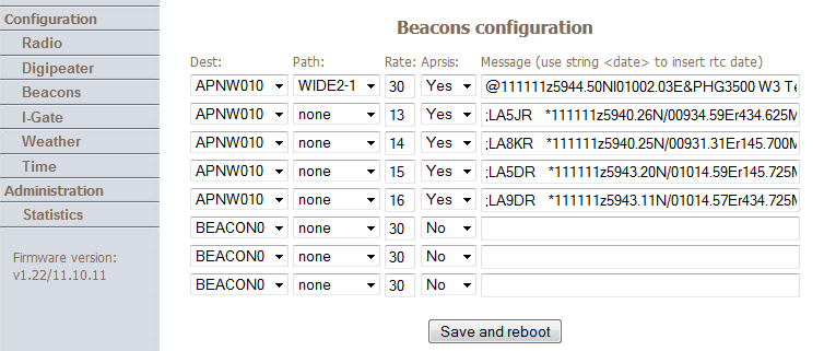 I beacon fanen (bilde under) setter man opp det beaconet som digipeateren skal sende. Beacon er vel strengt tatt feil utrykk for Beacon benyttes ikke, man velger Dest: APNW010.