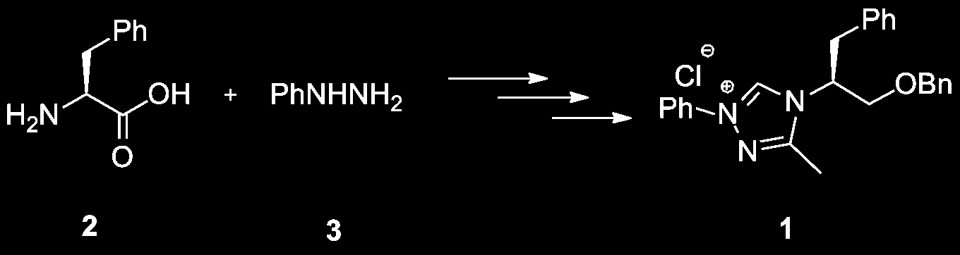 2 1 INTRODUKSJON 1 som har vært målmolekyl for oppgaven. Utgangsstoffene for fremstilling av NHC-salt 1 var L-fenylalanin 2 og fenylhydrazin 3.