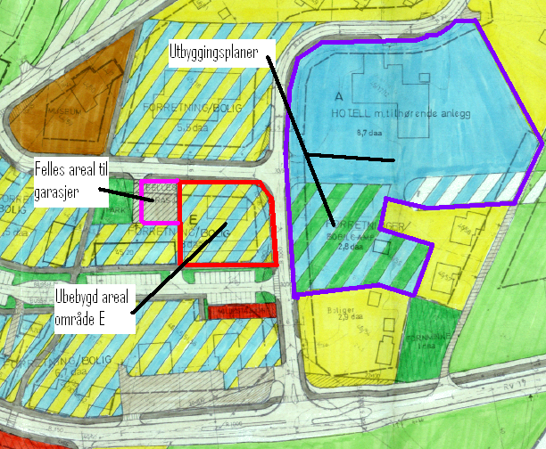 Disposisjonsplan: Det er avsatt areal til en mulig framtidig utbygging av hotellet i framlagte planer.