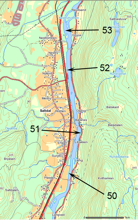 Vedlegg 7. Rapporteringslokaliteter fra drivtelling av gytefisk i fra Langvad til Raudsand i Saltdalselva i 2010.