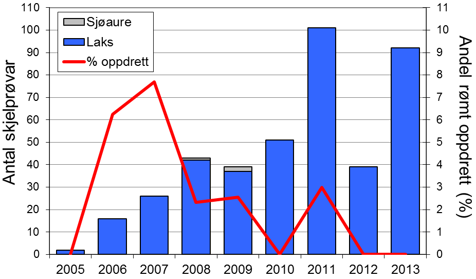 FANGST OG SKJELPRØVAR I DIRDALSELVA Skjell 2013 Fangststatistikk Gjennomsnittleg årsfangst i perioden 1977-2013 var 261 laks (snittvekt 3,1 kg) og 114 sjøaurar (snittvekt 0,9 kg).