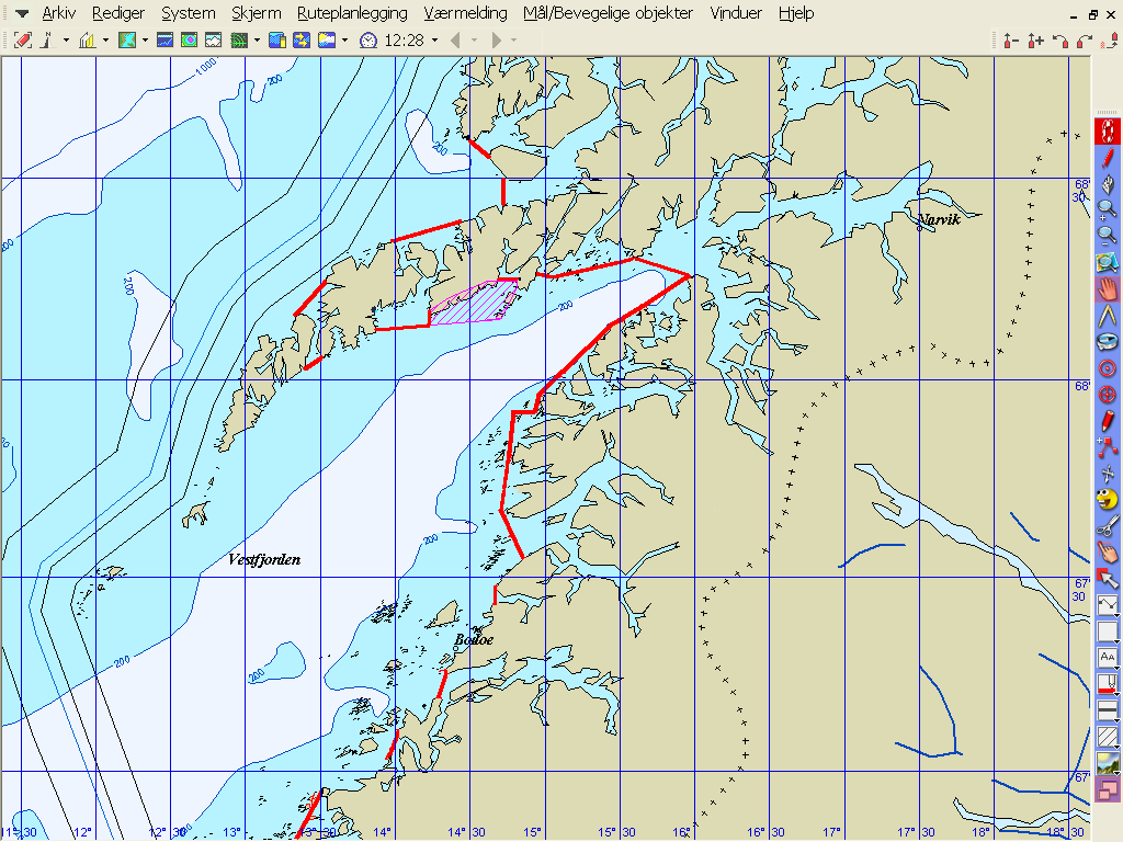 Nordland inkl. Lofoten Kun for konv. fartøy under 15 m. Ikke snurrevad Torsketrål må utenfor 6 n.mil av grunnlinjen mråde 05 Henningsværområdet (skravert felt) stengt 1.