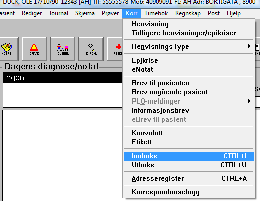 Fig 2 Pasientens innboks Dersom du ønsker å svare senere, kan du gå inn i journalen til pasienten, velge menypunktet Korr og <Innboks> se figuren over.