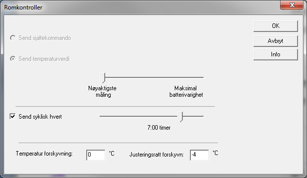 5.3.11 Romkontroller Det er viktig at romkontrolleren er satt til Send temperaturverdi og IKKE til Send sjaltekommando.