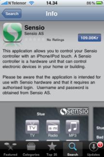 For å kjøpe applikasjonen går du inn på App Store på din ipad eller iphone/ipod Touch. Trykk så på Search nederst på siden, skriv inn Sensio og trykk på knappen Søk.