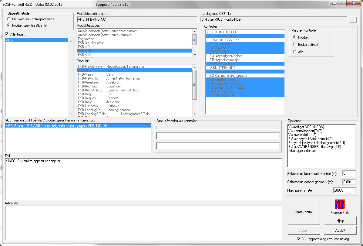 3. SOSI-KONTROLL Når all redigering er gjort kjøres SOSI-kontroll. SOSI-kontroll er et brukerprogram i FYSAK for å kvalitetskontrollere SOSI-filer mot en produktdefinisjon.