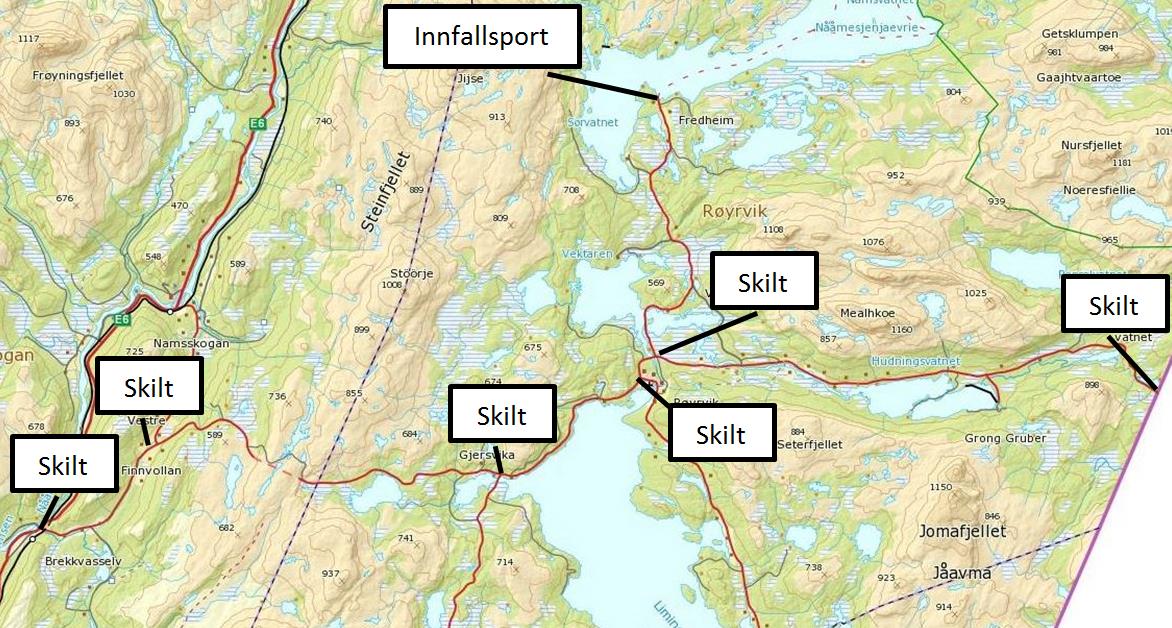 Innfallsporten er meget godt skiltet med Børgefjellskilt fra E6 og inn til Namsvatnet, i