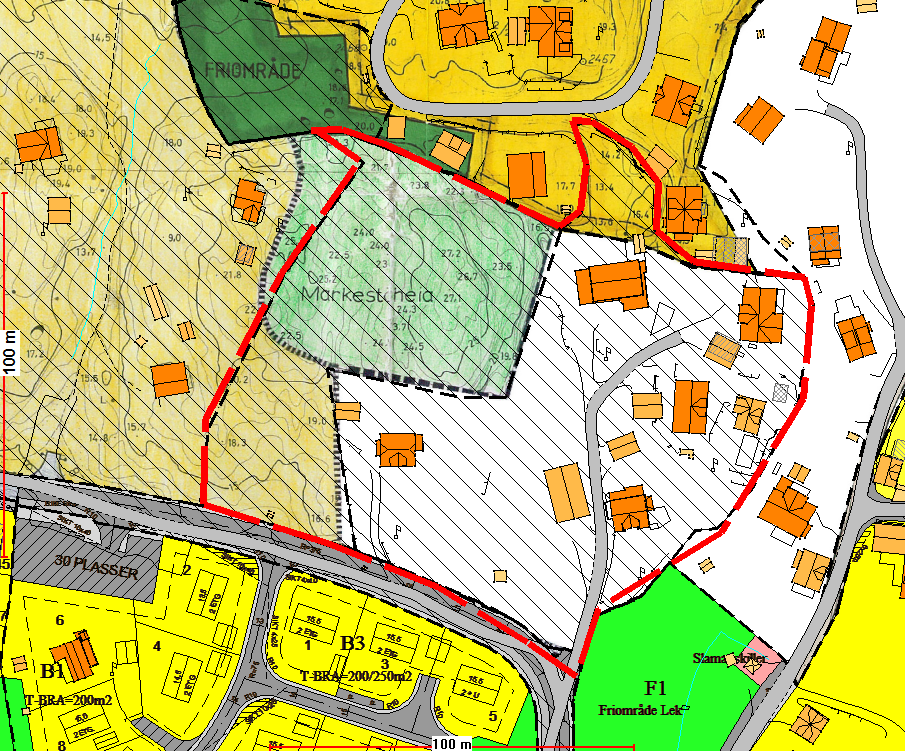 PLANPROSESSEN Gjeldende planer - Kommuneplan Område er i kommuneplanen avsatt til bebyggelse og anlegg. Markestøheia er avsatt til LNFområde.
