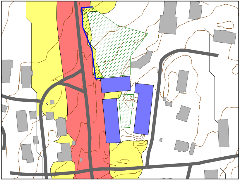 STØYUTREDNING 15 (22) Figur 7 Støysonekart for 2033 med støyskjerm, beregningshøyde 2 m Figur 7 viser støysonekart over Nordby gård i år 2033 etter utbygging, der en støyskjerm har blitt plassert